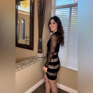 bebe Black & Nude Lace-Striped Long Sleeve Bodycon Dress